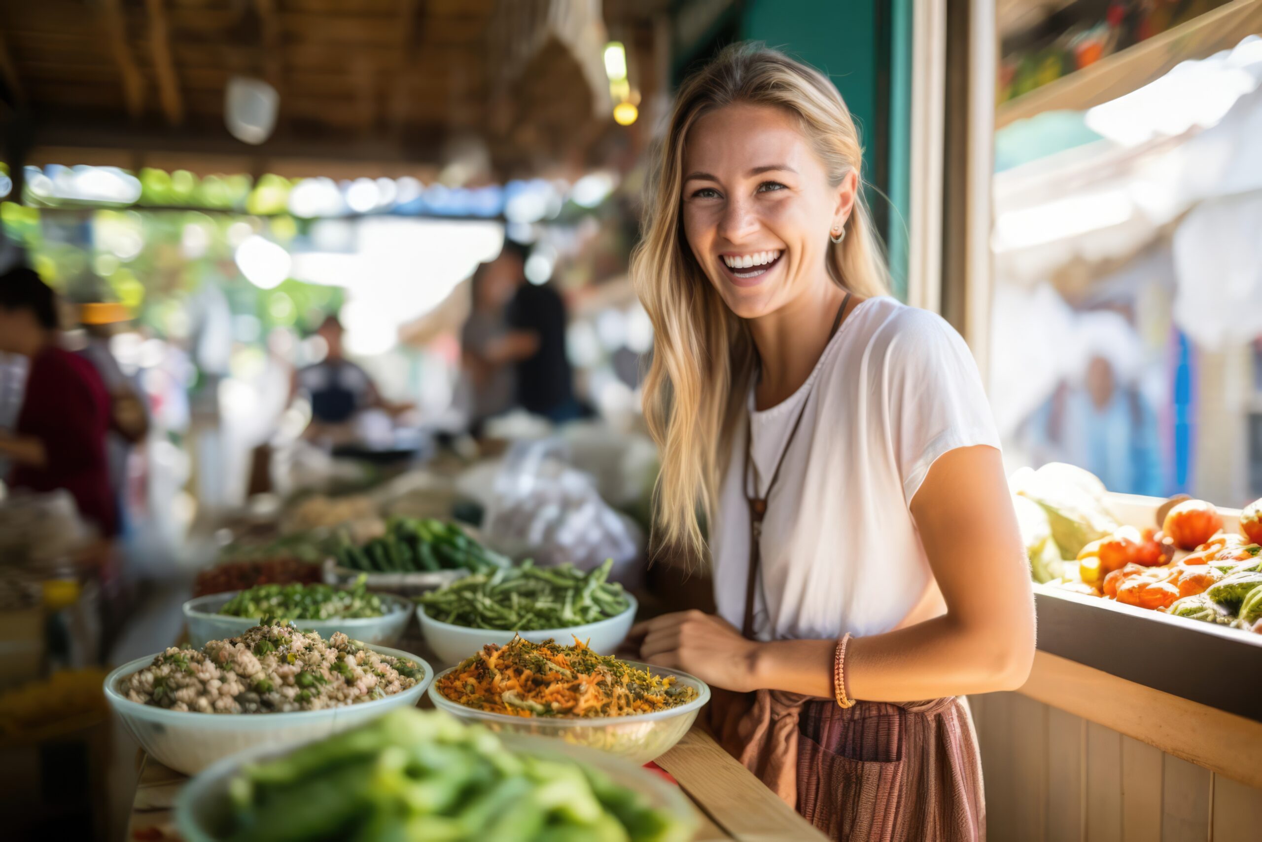 white woman standing next to bowls of deliciously prepared food.