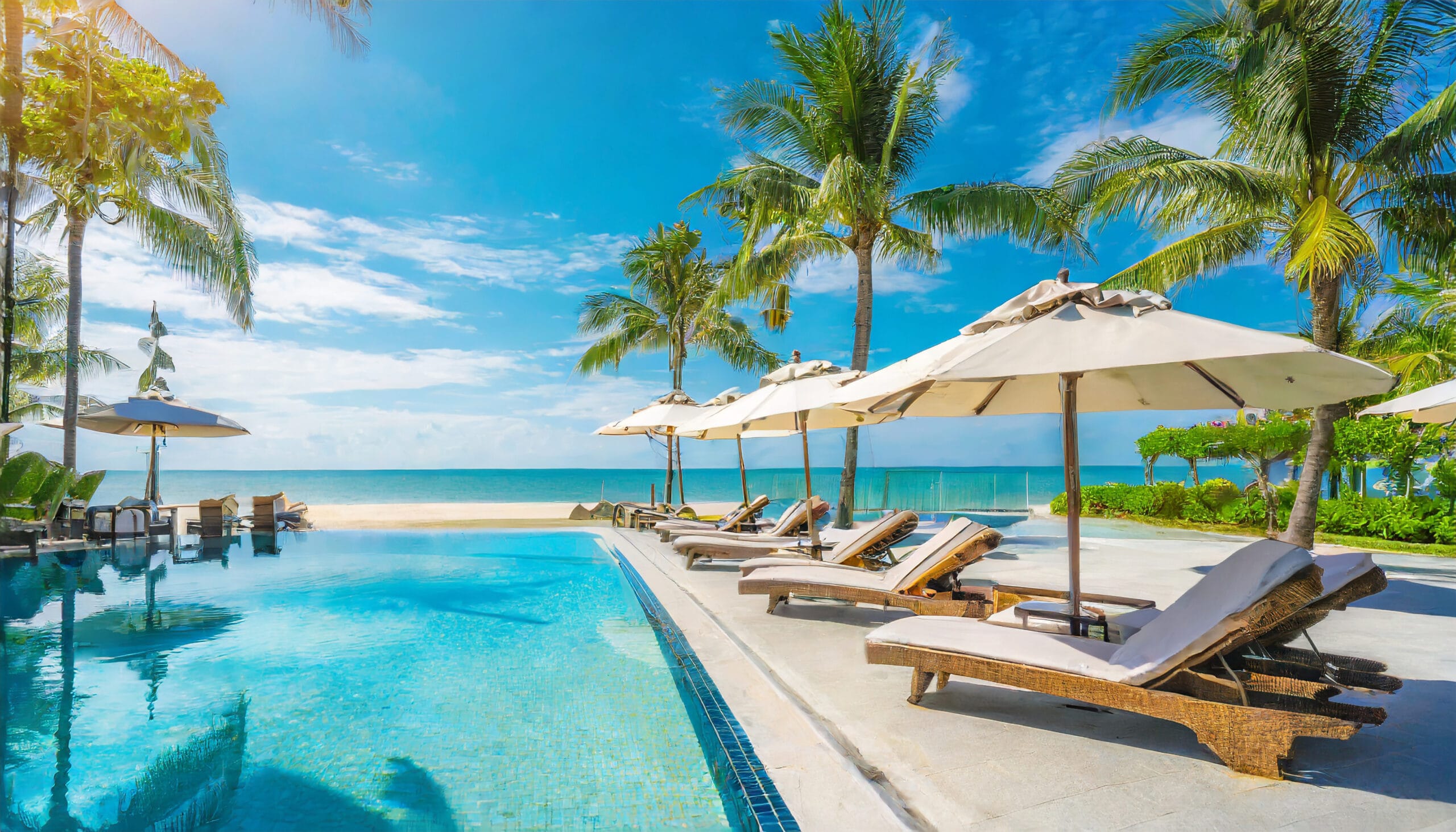 lounge chairs next to pool near beach