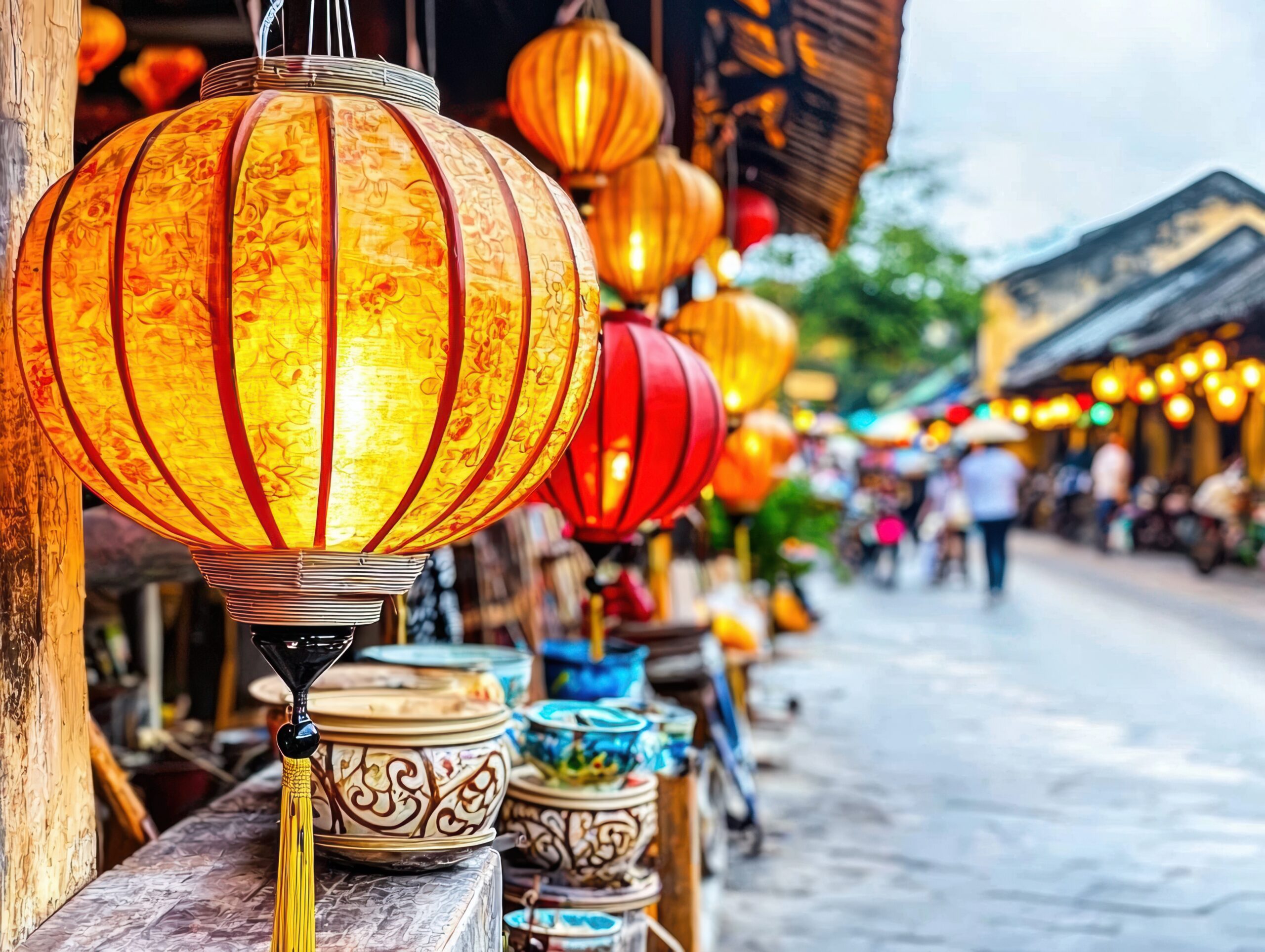bright lighted orange and red lanterns on side of buildings