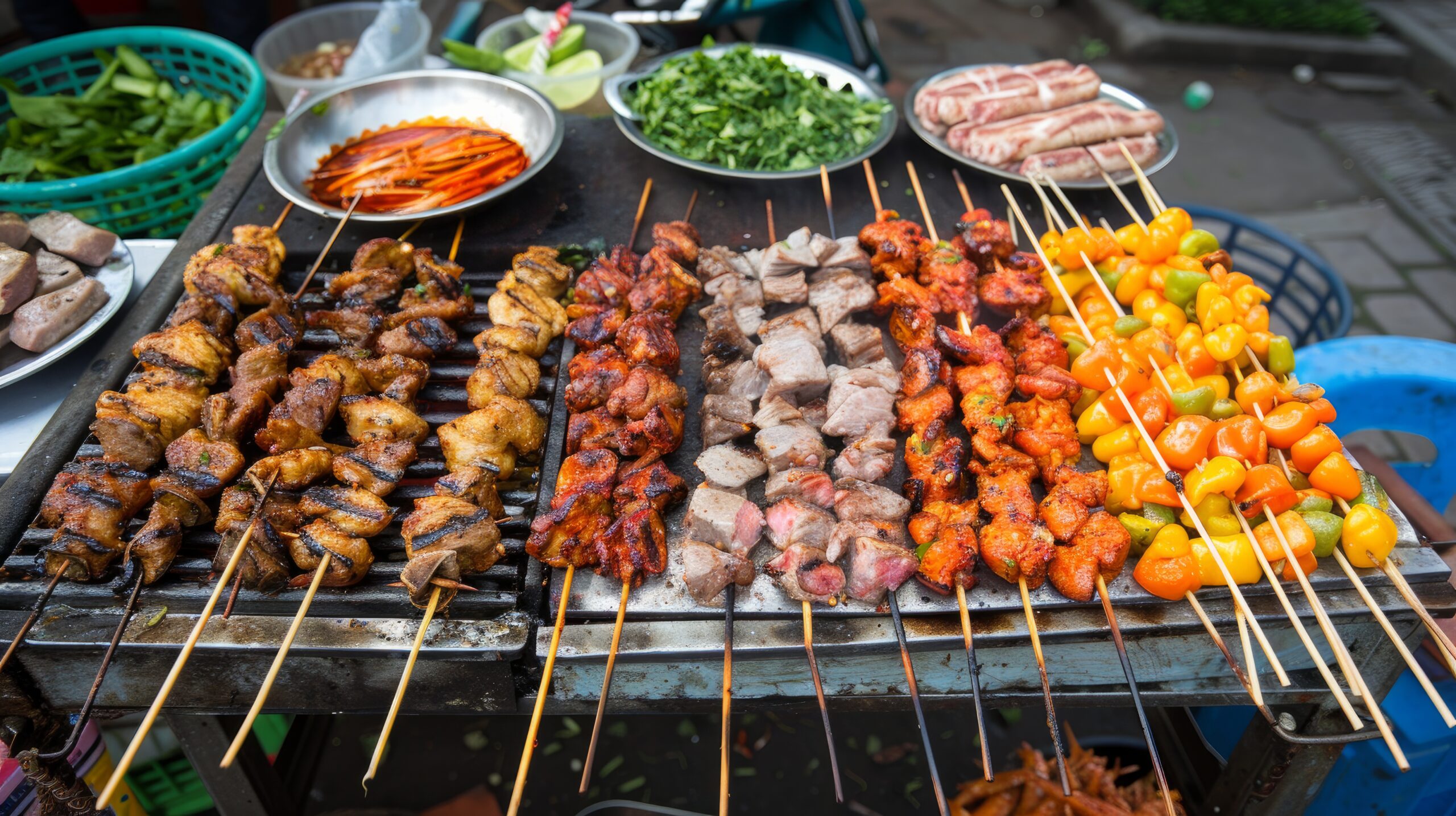 Street cuisine snacks are becoming increasingly popular in Vietnam, particularly among the younger population. They consist of mixed meats, fish, and veggies that are barbecued over a stove. different types of skewered meat on a charcoal grill