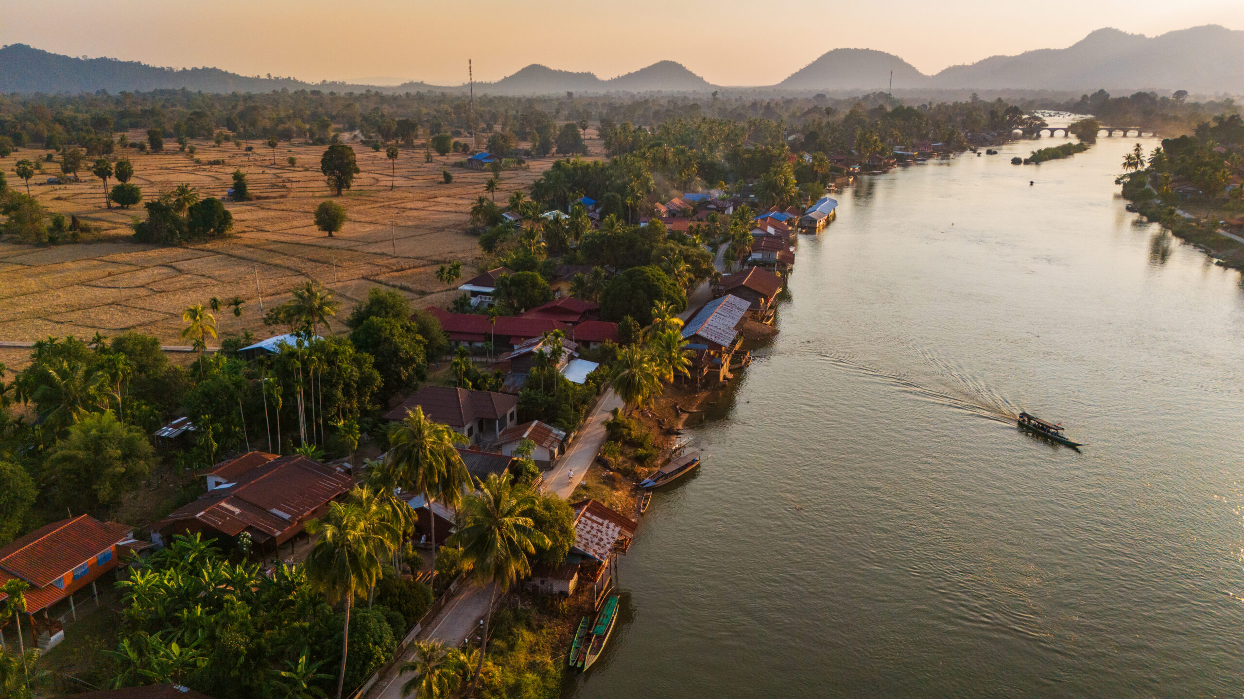 aerial view of sunset of Don Det and 4,000 Island, Laos