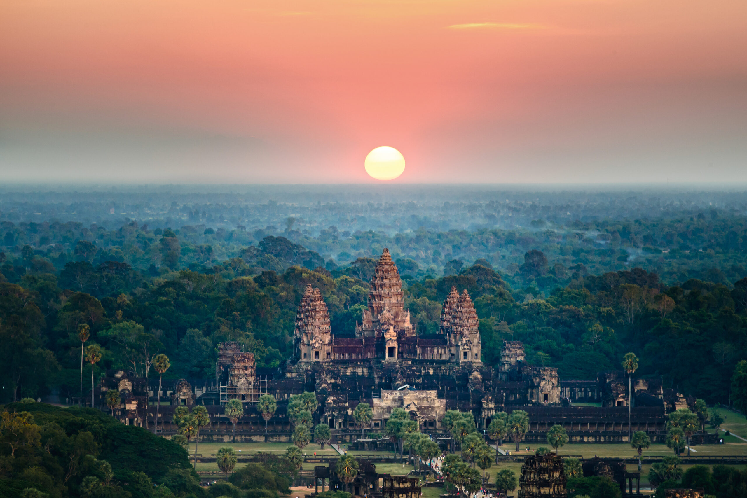 aerial view of Angkor Wat at sunrise, Siem Reap, Cambodia