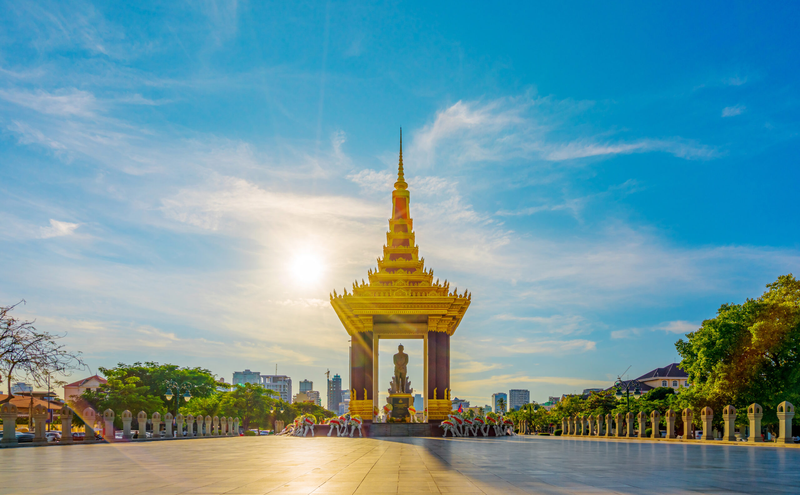 evening sunset under the Statue of King Father Norodom Sihanouk in Phnom Penh, Cambodia