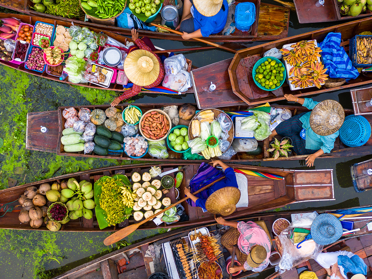 Damnoen Saduak Floating Market Aerial view famous floating market in Thailand, Damnoen Saduak floating market