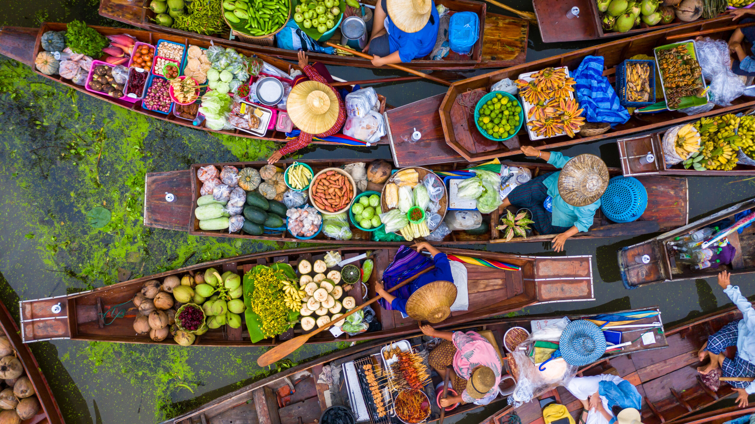 Aerial view of floating market in Thailand, Damnoen Saduak floating market