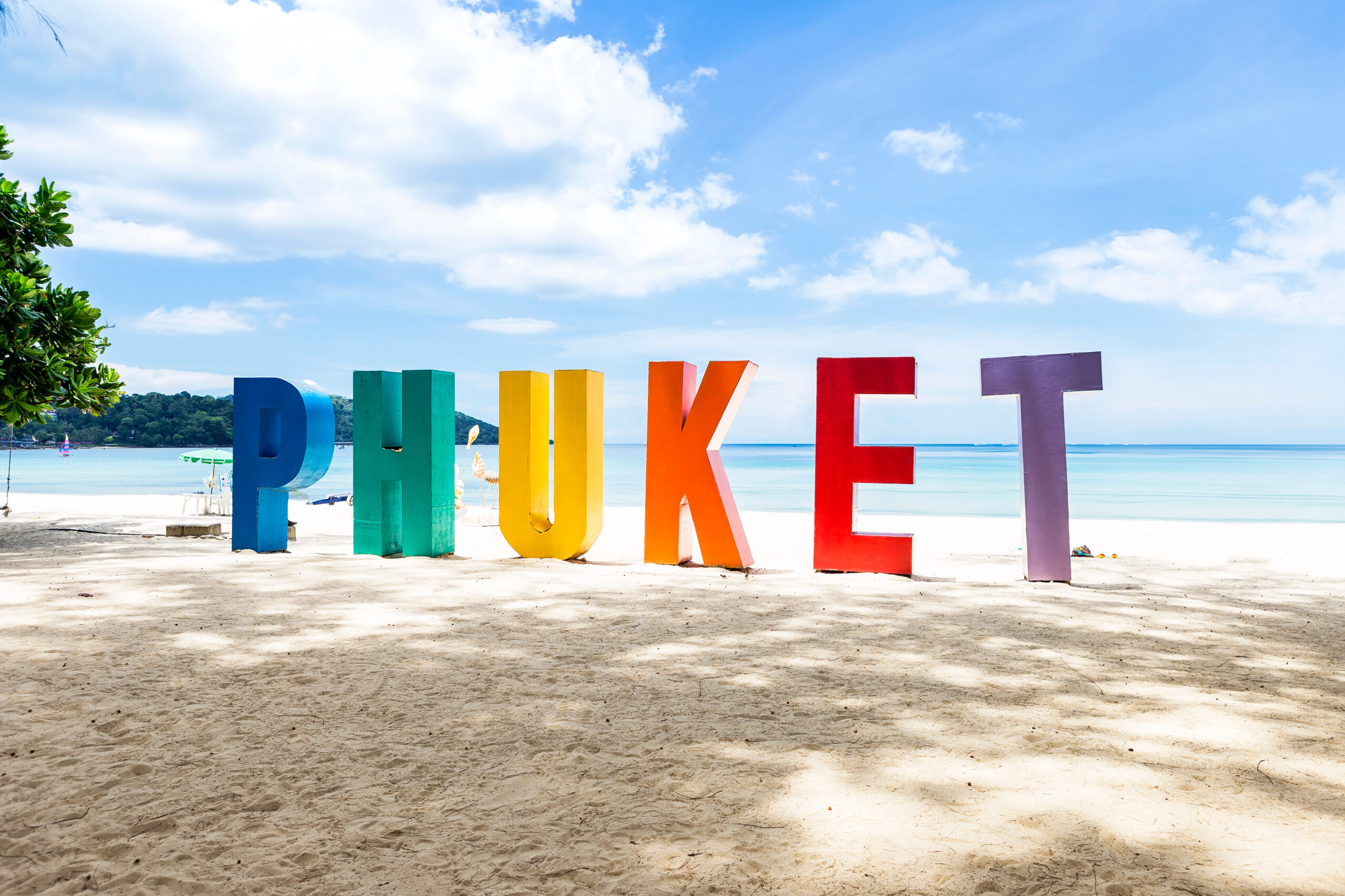 Phuket sign on the tropical beach in south of Thailand, Holiday destination, Patong beach, summer outdoor day light