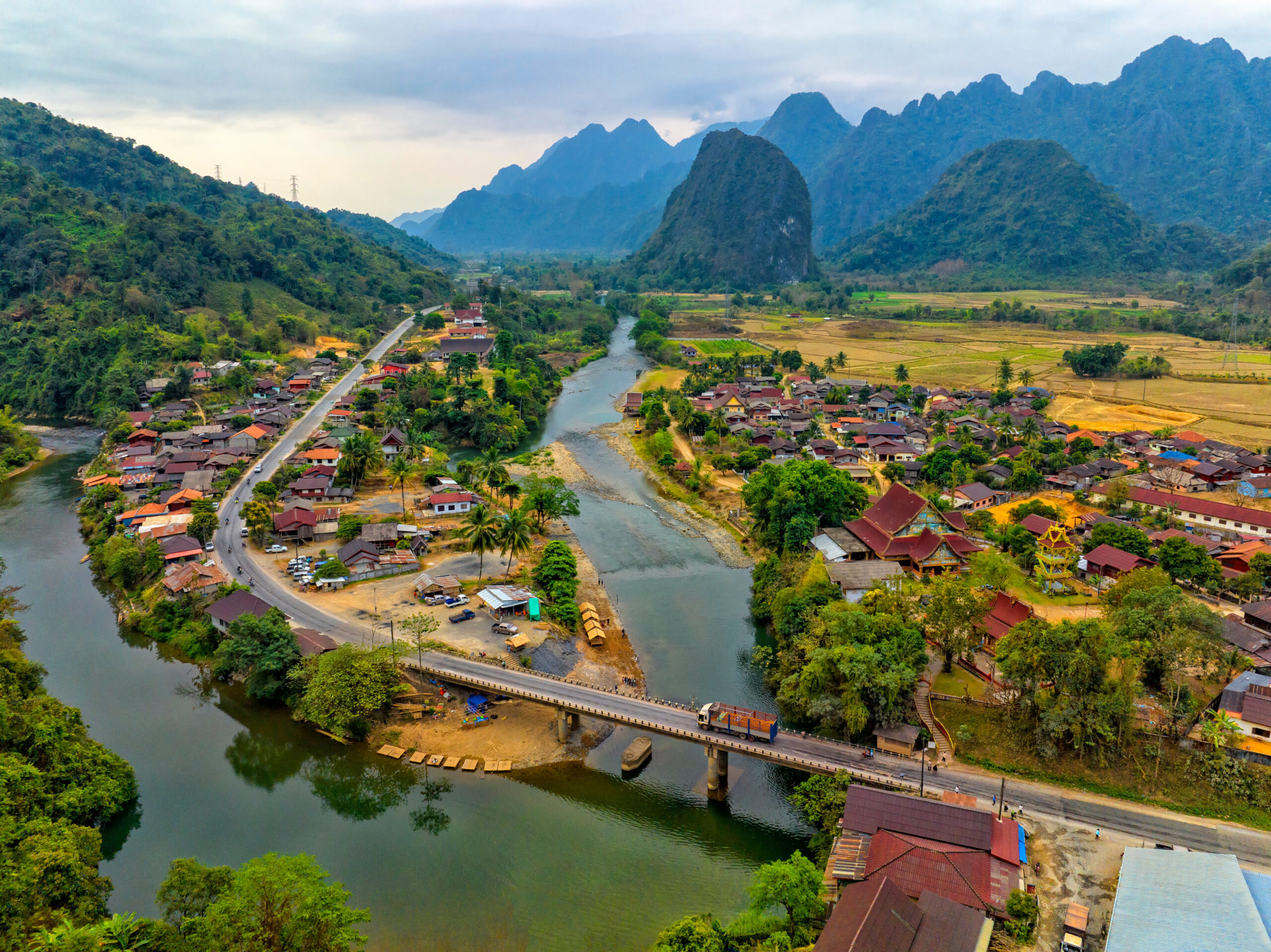 Road and village landscape of Nam Song River at Vang Vieng, Laos