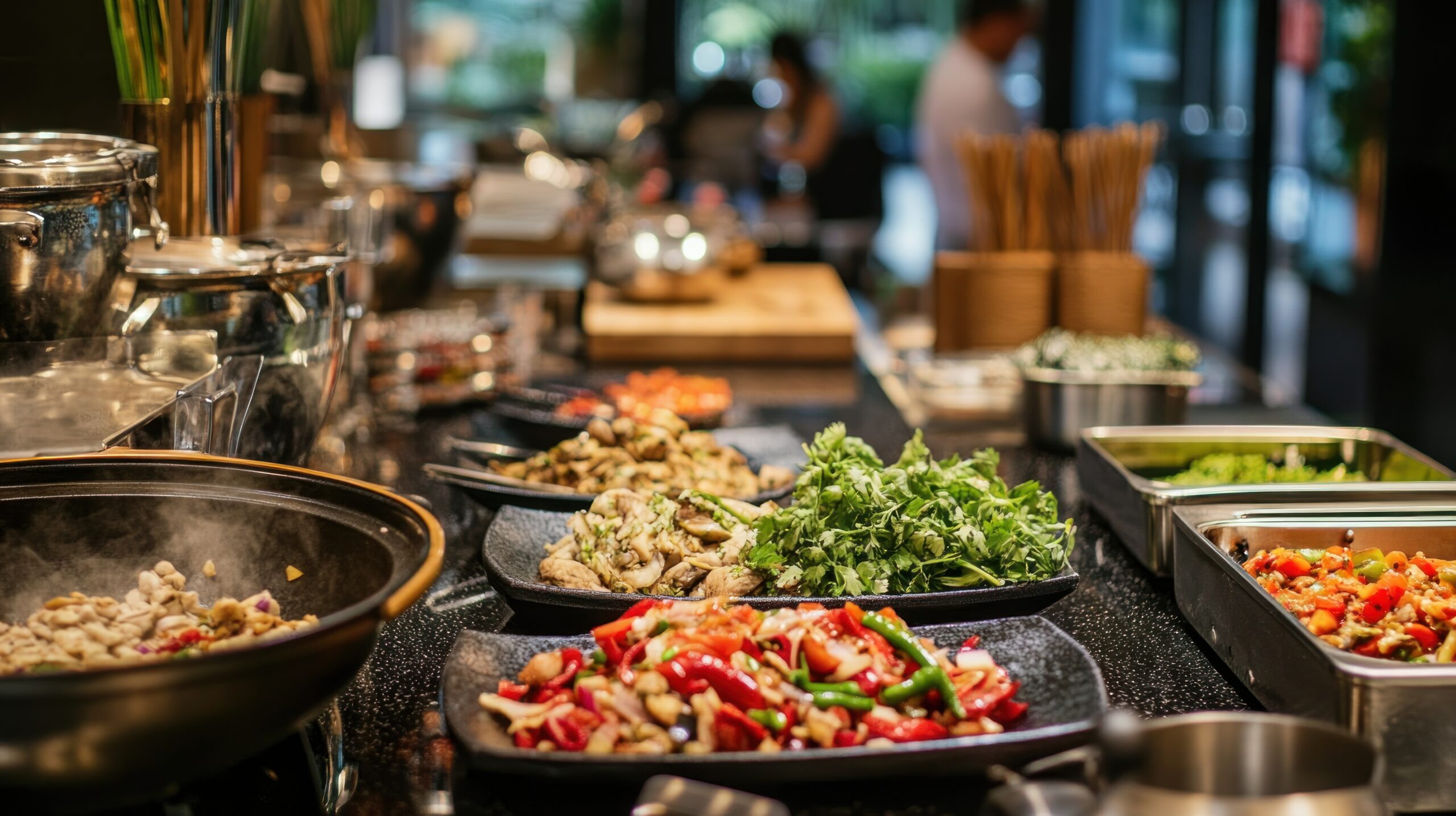 Restaurant buffet, Asian food, cooking, steaming dishes, blurred background, delicious