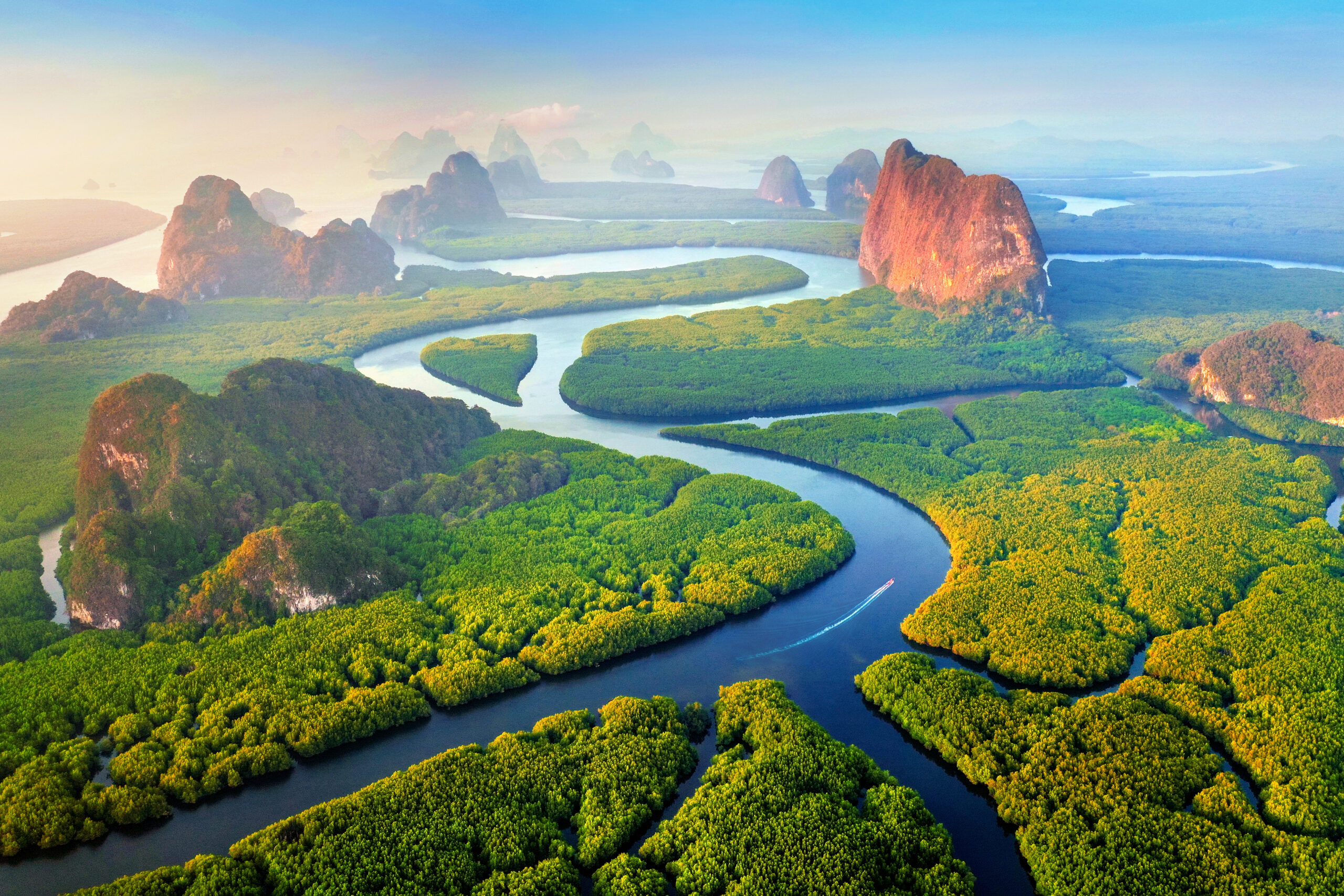Aerial view of Phang Nga bay with mountains at sunrise in Thailand