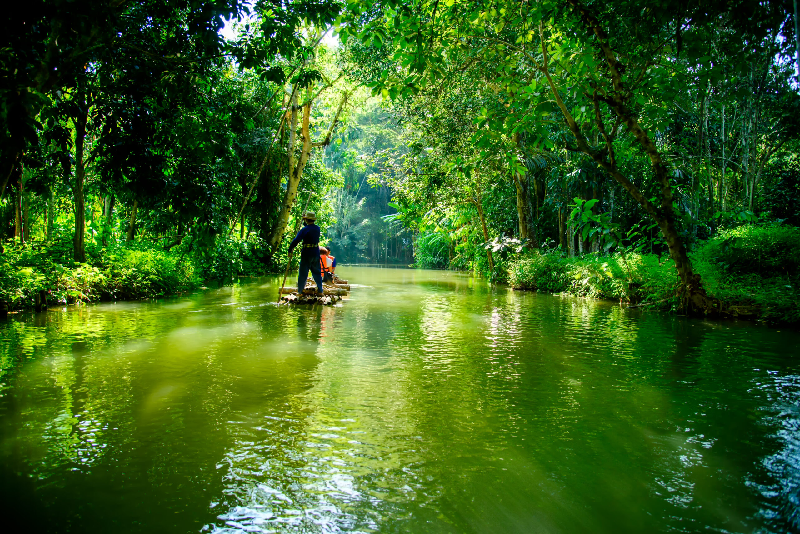 Bamboo rafting in the middle of the natural forest At Mae Pan Village in Phrae Province, Thailand